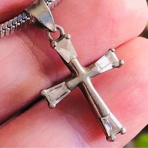 Vintage tapered baguette cubic zirconia 925 cross pendant on chain